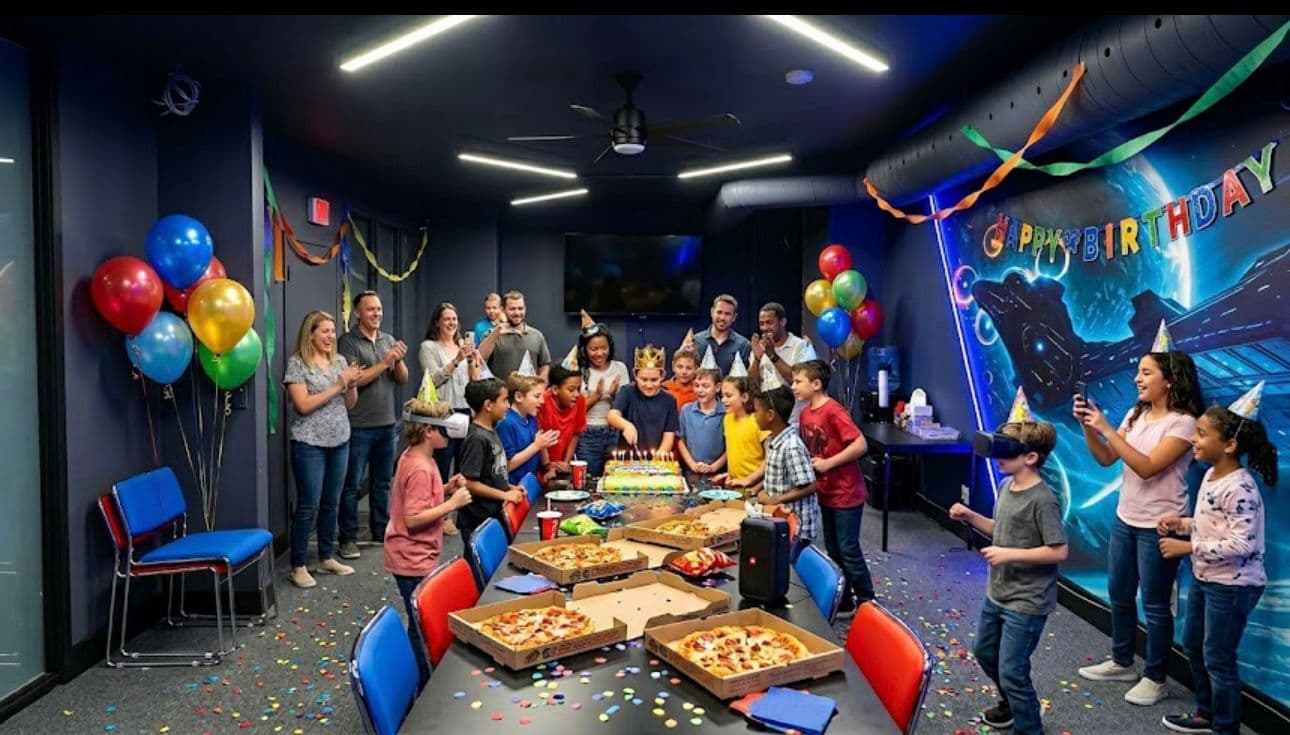 Birthday party with kids, cake, and balloons at Another World