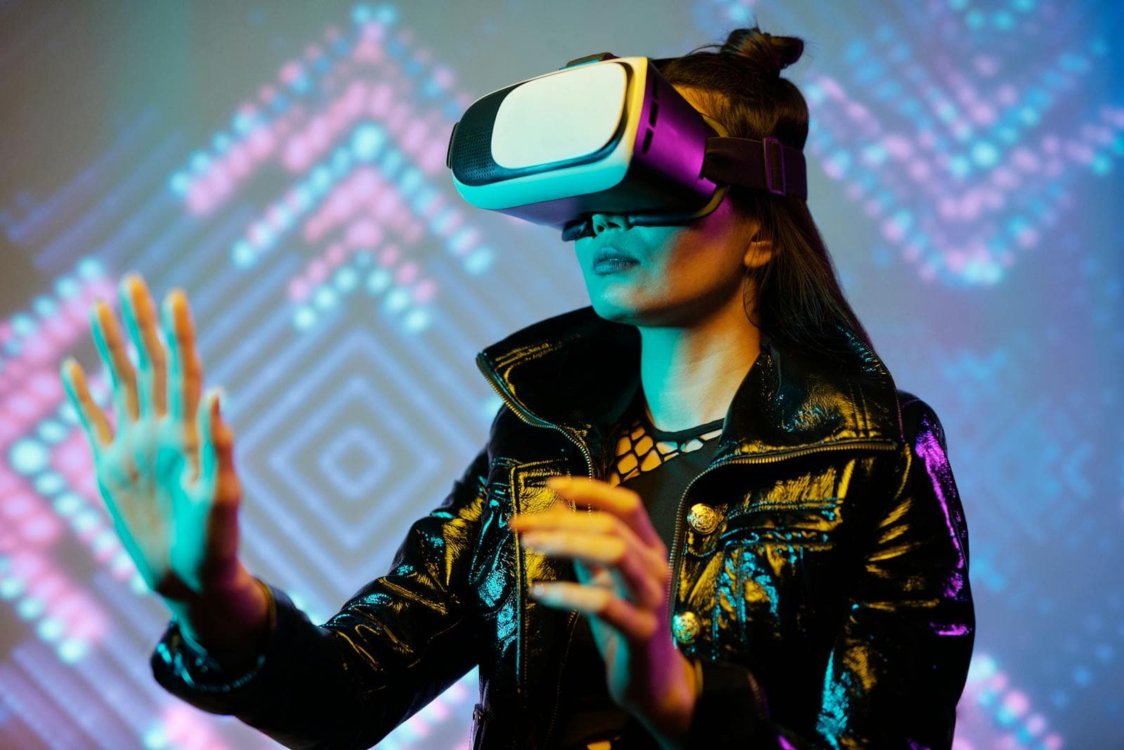 Person wearing a VR headset in the Another World arena — neon lighting